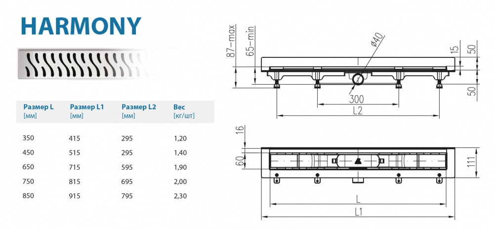Водоотводящий желоб ALPEN Harmony ALP-750H2 для монтажа вплотную к стене