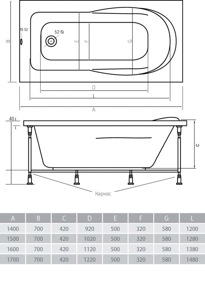 Акриловая ванна ALPEN Karmenta 170